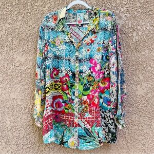 Johnny Was Milla Long-Sleeve Floral-Print Blouse Women 2X Flowy Button Up Blouse